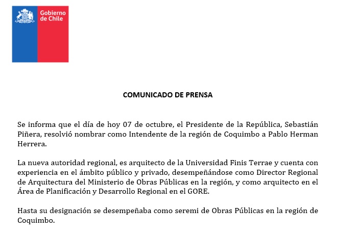 COMUNICADO DE PRENSA - PABLO HERMAN ASUMIRÁ COMO NUEVO INTENDENTE DE LA REGIÓN DE COQUIMBO